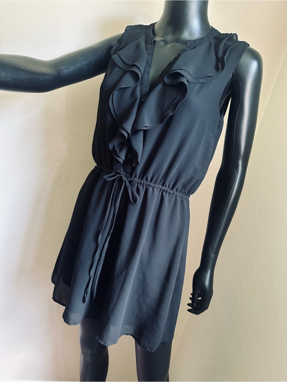 Love Tree Black Chiffon Ruffle-Front Drawstring Mini Dress - Picture 6 of 13